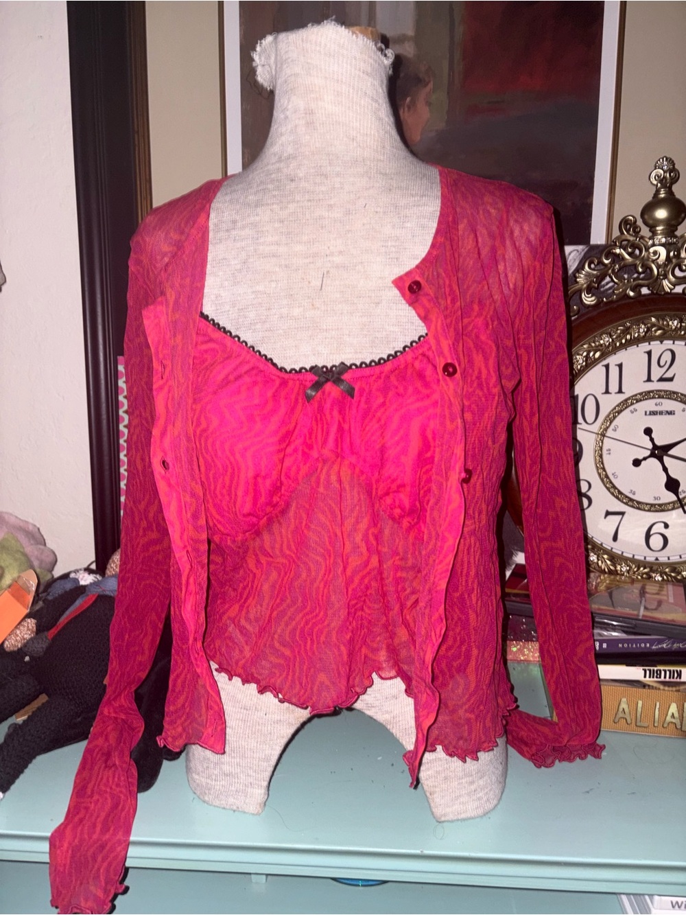 Matching Pink Sheer Ruffle-Trim Tank & Cardigan Set